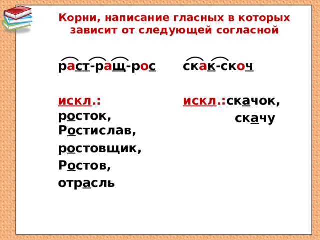 Корни, написание гласных в которых зависит от следующей согласной   ск а к -ск о ч р а ст -р а щ -р о с   искл .: ск а чок, искл .: р о сток, Р о стислав,  ск а чу р о стовщик, Р о стов, отр а сль  