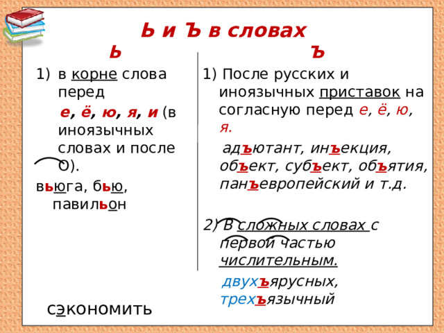 Ь и Ъ в словах Ъ Ь в корне слова перед 1) После русских и иноязычных приставок на согласную перед е , ё , ю , я.  е , ё , ю , я , и  (в иноязычных словах и после О).  ад ъ ютант, ин ъ екция, об ъ ект, суб ъ ект, об ъ ятия, пан ъ европейский и т.д. в ь ю га, б ь ю , павил ь о н  2) В сложных словах с первой частью числительным.  двух ъ ярусных, трех ъ язычный с э кономить 