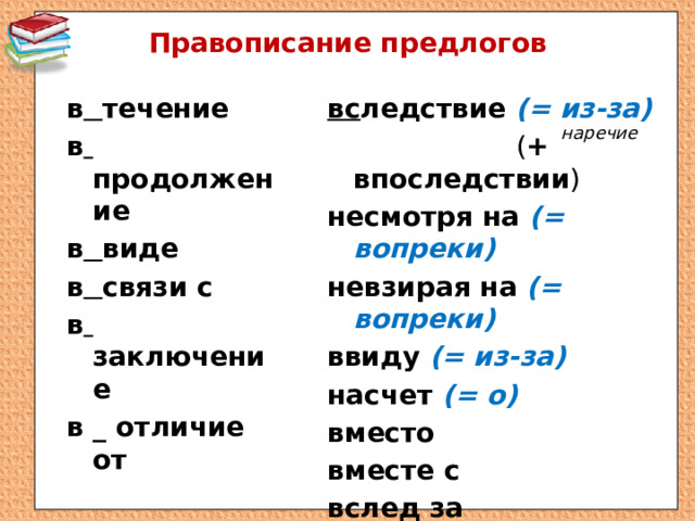 Правописание предлогов вс ледствие (= из-за) в  течение в  продолжение  ( + впоследствии ) в  виде несмотря на (= вопреки) в  связи с невзирая на (= вопреки)   в  заключение ввиду (= из-за) в _ отличие от насчет (= о) вместо  вместе с  вслед за из-за из-под     наречие 