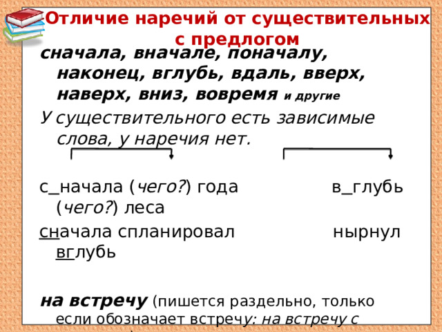 Отличие наречий от существительных с предлогом   сначала, вначале, поначалу, наконец, вглубь, вдаль, вверх, наверх, вниз, вовремя и другие У существительного есть зависимые слова, у наречия нет. с  начала ( чего? ) года в  глубь ( чего? ) леса сн ачала спланировал нырнул вг лубь на встречу (пишется раздельно, только если обозначает встреч у: на встречу с друзьями ) навстречу (наречие и предлог пишутся слитно и обозначают направление : навстречу друзьям ) 