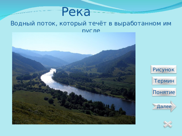 Река Водный поток, который течёт в выработанном им русле  Рисунок  Термин  Понятие Далее 13 