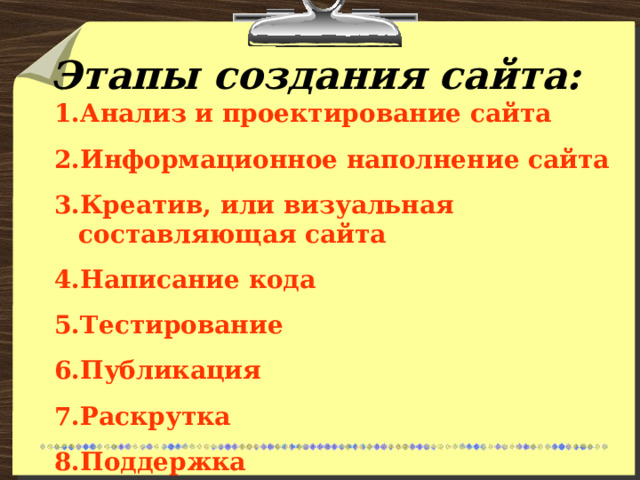 Этапы создания сайта: Анализ и проектирование сайта Информационное наполнение сайта Креатив, или визуальная составляющая сайта Написание кода Тестирование Публикация Раскрутка Поддержка 