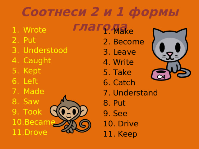 Соотнеси 2 и 1 формы глагола Wrote Put Understood Caught Kept Left Made Saw Took Became Drove  1. Make 2. Become 3. Leave 4. Write 5. Take 6. Catch 7. Understand 8. Put 9. See 10. Drive 11. Keep 