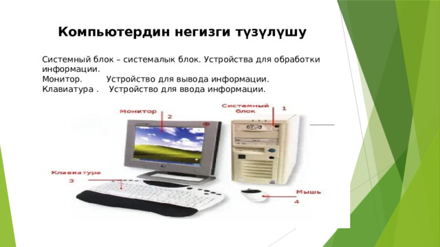 Компьютердин негизги түзүлүшу   Системный блок –  системалык блок.  Устройства для обработки информации.  Монитор. Устройство для вывода информации.  Клавиатура  . Устройство для ввода информации.  