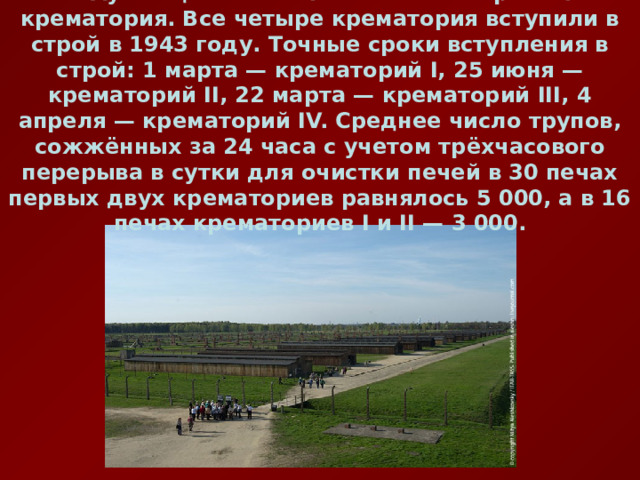 В Аушвице 2 было 4 газовые камеры и 4 крематория. Все четыре крематория вступили в строй в 1943 году. Точные сроки вступления в строй: 1 марта — крематорий I, 25 июня — крематорий II, 22 марта — крематорий III, 4 апреля — крематорий IV. Среднее число трупов, сожжённых за 24 часа с учетом трёхчасового перерыва в сутки для очистки печей в 30 печах первых двух крематориев равнялось 5 000, а в 16 печах крематориев I и II — 3 000. 
