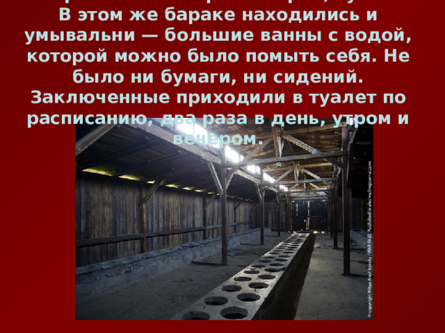 На фото — санитарный барак, туалет. В этом же бараке находились и умывальни — большие ванны с водой, которой можно было помыть себя. Не было ни бумаги, ни сидений. Заключенные приходили в туалет по расписанию, два раза в день, утром и вечером. 