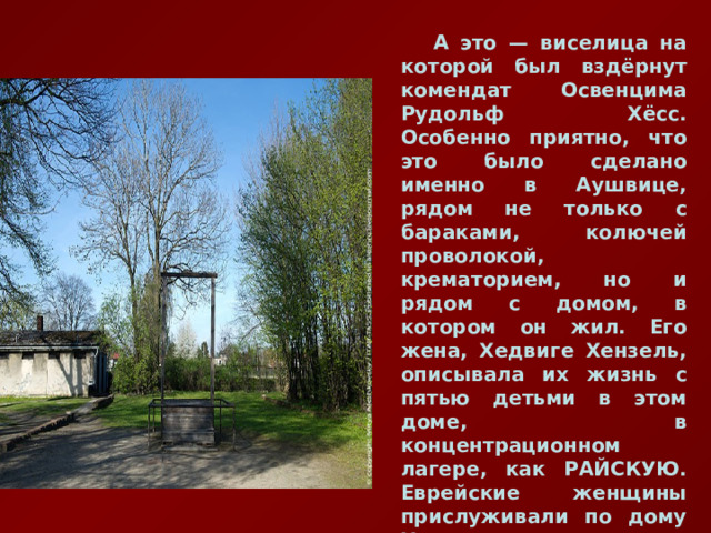  А это — виселица на которой был вздёрнут комендат Освенцима Рудольф Хёсс. Особенно приятно, что это было сделано именно в Аушвице, рядом не только с бараками, колючей проволокой, крематорием, но и рядом с домом, в котором он жил. Его жена, Хедвиге Хензель, описывала их жизнь с пятью детьми в этом доме, в концентрационном лагере, как РАЙСКУЮ. Еврейские женщины прислуживали по дому Хедвиге, но, как правило, дольше трех недель никто в лагере не выживал, так что прислуга менялась часто.  