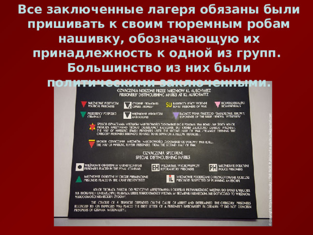 Все заключенные лагеря обязаны были пришивать к своим тюремным робам нашивку, обозначающую их принадлежность к одной из групп. Большинство из них были политическими заключенными. 