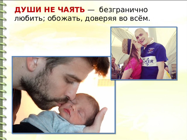 ДУШИ НЕ ЧАЯТЬ  — безгранично любить; обожать, доверяя во всём.  