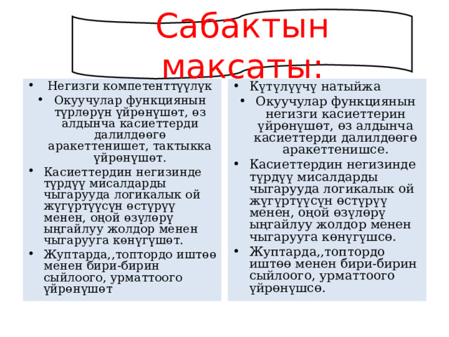 Сабактын максаты:  Негизги компетенттүүлүк Окуучулар функциянын түрлөрүн үйрөнүшөт, өз алдынча касиеттерди далилдөөгө аракеттенишет, тактыкка үйрөнүшөт. Касиеттердин негизинде түрдүү мисалдарды чыгарууда логикалык ой жүгүртүүсүн өстүрүү менен, оңой өзүлөрү ыңгайлуу жолдор менен чыгарууга көнүгүшөт. Жуптарда,,топтордо иштөө менен бири-бирин сыйлоого, урматтоого үйрөнүшөт Күтүлүүчү натыйжа Окуучулар функциянын негизги касиеттерин үйрөнүшөт, өз алдынча касиеттерди далилдөөгө аракеттенишсе. Касиеттердин негизинде түрдүү мисалдарды чыгарууда логикалык ой жүгүртүүсүн өстүрүү менен, оңой өзүлөрү ыңгайлуу жолдор менен чыгарууга көнүгүшсө. Жуптарда,,топтордо иштөө менен бири-бирин сыйлоого, урматтоого үйрөнүшсө.  