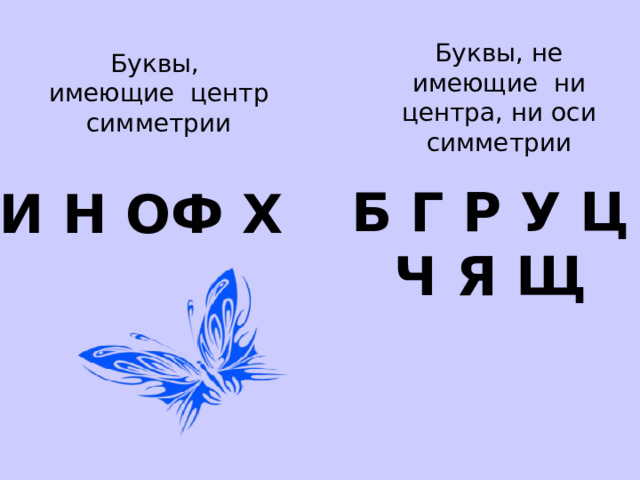 Буквы,  имеющие центр симметрии Буквы, не имеющие ни центра, ни оси симметрии И Н ОФ Х  Б Г Р У Ц Ч Я Щ 