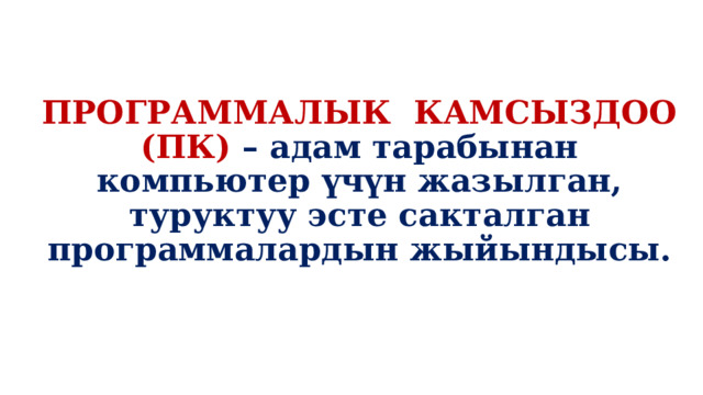 ПРОГРАММАЛЫК КАМСЫЗДОО (ПК) – адам тарабынан компьютер үчүн жазылган, туруктуу эсте сакталган программалардын жыйындысы. 