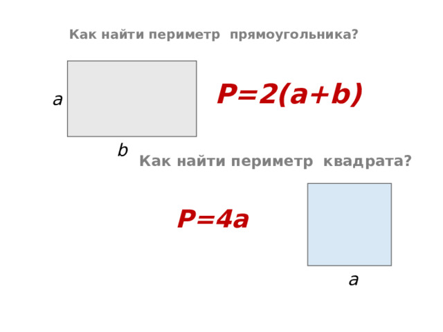 Как найти периметр прямоугольника? P=2(a+b) a b Как найти периметр квадрата? P=4a a  