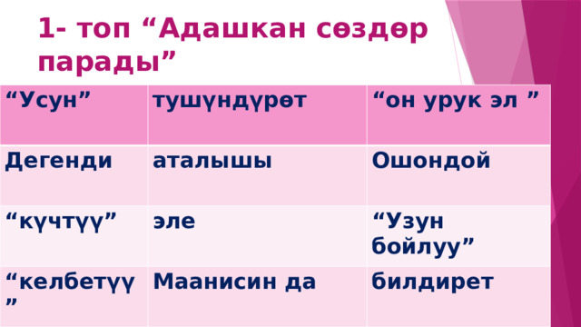 1- топ “Адашкан сөздөр парады” “ Усун” тушүндүрөт Дегенди “ он урук эл ” аталышы “ күчтүү” эле Ошондой “ келбетүү” “ Узун бойлуу” Маанисин да билдирет 