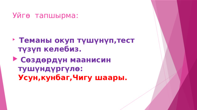Уйгө тапшырма:  Теманы окуп түшүнүп,тест түзүп келебиз.  Сөздөрдүн маанисин тушүндүргүлө: Усун,кунбаг,Чигу шаары. 