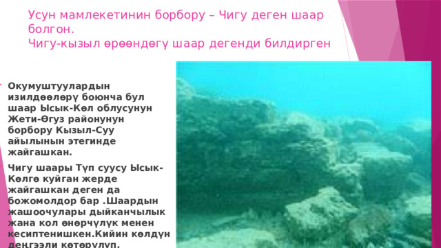 Усун мамлекетинин борбору – Чигу деген шаар болгон.  Чигу-кызыл өрөөндөгү шаар дегенди билдирген Окумуштуулардын изилдөөлөрү боюнча бул шаар Ысык-Көл облусунун Жети-Өгуз районунун борбору Кызыл-Суу айылынын этегинде жайгашкан. Чигу шаары Түп суусу Ысык-Көлгө куйган жерде жайгашкан деген да божомолдор бар .Шаардын жашоочулары дыйканчылык жана кол өнөрчүлүк менен кесиптенишкен.Кийин көлдүн деңгээли көтөрүлүп, шаардын негизги бөлүгү суу алдында калган. 
