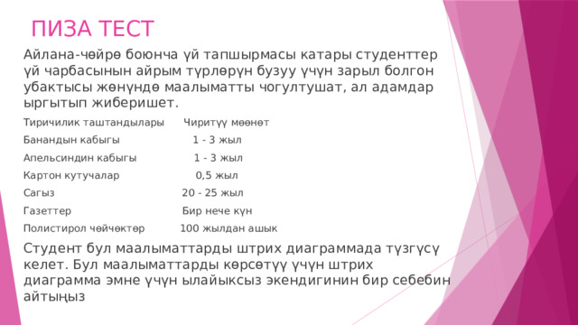 ПИЗА ТЕСТ Айлана-чөйрө боюнча үй тапшырмасы катары студенттер үй чарбасынын айрым түрлөрүн бузуу үчүн зарыл болгон убактысы жөнүндө маалыматты чогултушат, ал адамдар ыргытып жиберишет. Тиричилик таштандылары Чиритүү мөөнөт Банандын кабыгы 1 - 3 жыл Апельсиндин кабыгы 1 - 3 жыл Картон кутучалар 0,5 жыл Сагыз 20 - 25 жыл Газеттер Бир нече күн Полистирол чөйчөктөр 100 жылдан ашык Студент бул маалыматтарды штрих диаграммада түзгүсү келет. Бул маалыматтарды көрсөтүү үчүн штрих диаграмма эмне үчүн ылайыксыз экендигинин бир себебин айтыңыз 