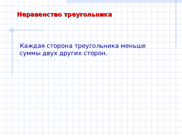 Неравенство треугольника Каждая сторона треугольника меньше суммы двух других сторон. 
