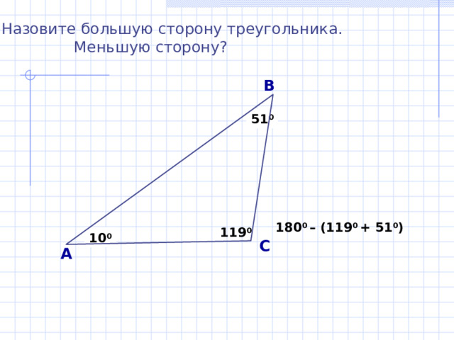 Назовите большую сторону треугольника.  Меньшую сторону? В 51 0 180 0 – (119 0 + 51 0 )  119 0 10 0 С А 