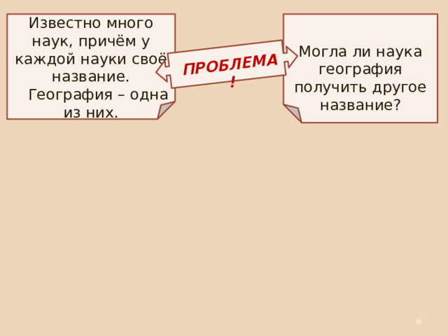Гриднева Г.В. География: древняя и современная наука, 2012 ПРОБЛЕМА! Известно много наук, причём у каждой науки своё название. Могла ли наука география получить другое название?  География – одна из них.   