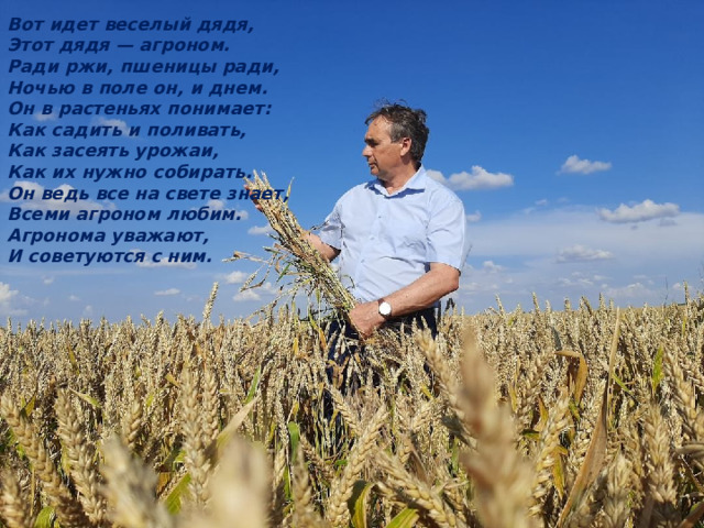 Вот идет веселый дядя, Этот дядя — агроном. Ради ржи, пшеницы ради, Ночью в поле он, и днем. Он в растеньях понимает: Как садить и поливать, Как засеять урожаи, Как их нужно собирать. Он ведь все на свете знает, Всеми агроном любим. Агронома уважают, И советуются с ним. 