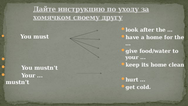 Дайте инструкцию по уходу за хомячком своему другу look after the … have a home for the … give food/water to your ... keep its home clean  You must   hurt … get cold.    You mustn't  Your ... mustn't 