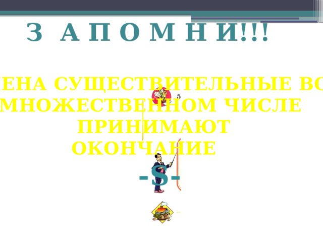 З А П О М Н И!!! ИМЕНА СУЩЕСТВИТЕЛЬНЫЕ ВО МНОЖЕСТВЕННОМ ЧИСЛЕ  ПРИНИМАЮТ ОКОНЧАНИЕ  -S- 