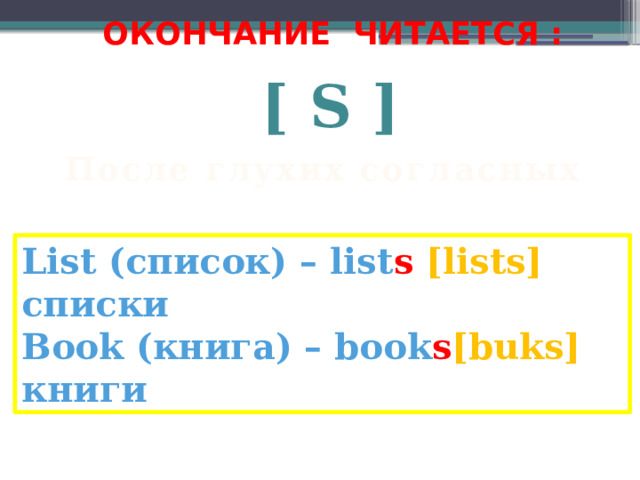 ОКОНЧАНИЕ ЧИТАЕТСЯ :   [ S ] После глухих согласных  List (список) – list s [lists] списки Book (книга) – book s [buks] книги  