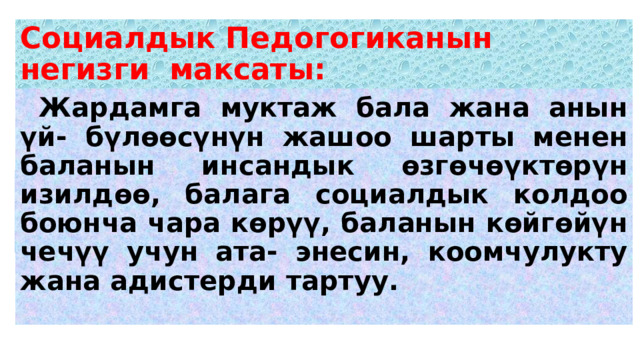 Социалдык Педогогиканын негизги максаты:  Жардамга муктаж бала жана анын үй- бүлөөсүнүн жашоо шарты менен баланын инсандык өзгөчөүктөрүн изилдөө, балага социалдык колдоо боюнча чара көрүү, баланын көйгөйүн чечүү учун ата- энесин, коомчулукту жана адистерди тартуу.  