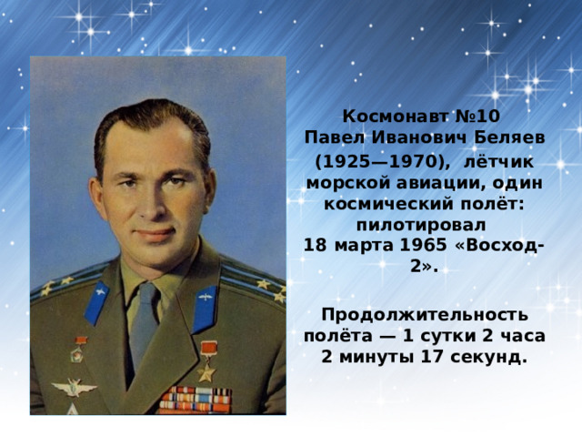 Космонавт №10  Павел Иванович Беляев (1925—1970), лётчик морской авиации, один космический полёт: пилотировал  18 марта 1965 «Восход-2».  Продолжительность полёта — 1 сутки 2 часа 2 минуты 17 секунд.  