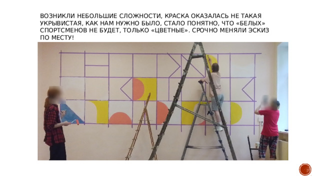 ВОЗНИКЛИ НЕБОЛЬШИЕ СЛОЖНОСТИ, КРАСКА ОКАЗАЛАСЬ НЕ ТАКАЯ УКРЫВИСТАЯ, КАК НАМ НУЖНО БЫЛО, СТАЛО ПОНЯТНО, ЧТО «БЕЛЫХ» СПОРТСМЕНОВ НЕ БУДЕТ, ТОЛЬКО «ЦВЕТНЫЕ». СРОЧНО МЕНЯЛИ ЭСКИЗ ПО МЕСТУ! 