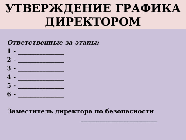 УТВЕРЖДЕНИЕ ГРАФИКА ДИРЕКТОРОМ  Ответственные за этапы: 1 - _______________ 2 - _______________ 3 - _______________ 4 - _______________ 5 - _______________ 6 - _______________   Заместитель директора по безопасности _________________________ 