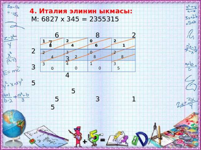 4. Италия элинин ыкмасы: М: 6827 х 345 = 2355315  6 8 2 7 2 3 3 4  5  5 3 1 5 1 8 2 4  4  2  0 0 6  1 0 8  0  8  0 3 5 