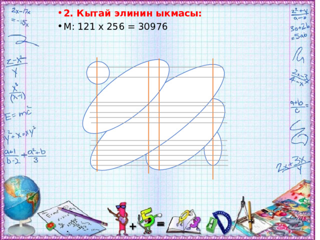 2. Кытай элинин ыкмасы: М: 121 х 256 = 30976 
