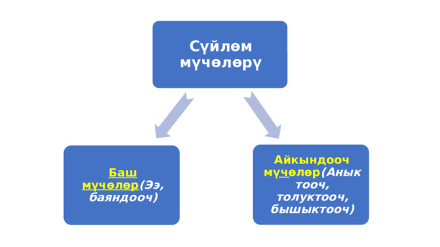 Сүйлөм мүчөлөрү Айкындооч мүчөлөр (Аныктооч, толуктооч, бышыктооч) Баш мүчөлөр (Ээ, баяндооч) 