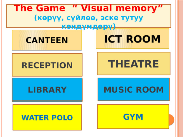 The Game “ Visual memory” (көрүү, сүйлөө, эске тутуу көндүмдөрү) ICT ROOM CANTEEN THEATRE RECEPTION MUSIC ROOM LIBRARY LIBRARY WATER POLO GYM 
