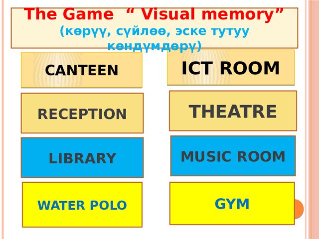 The Game “ Visual memory” (көрүү, сүйлөө, эске тутуу көндүмдөрү) ICT ROOM CANTEEN THEATRE RECEPTION MUSIC ROOM LIBRARY WATER POLO GYM 