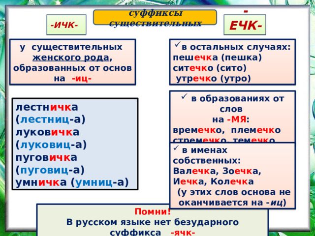 суффиксы существительных -ЕЧК- -ИЧК- в остальных случаях: у существительных  женского рода , пеш ечк а (пешка) сит ечк о (сито) образованных от основ  на -иц-   утр ечк о (утро)  в образованиях от слов на -МЯ : врем ечк о, плем ечк о стрем ечк о, тем ечк о лестн ичк а ( лестниц -а) луков ичк а ( луковиц -а) пугов ичк а ( пуговиц -а) умн ичк а ( умниц -а)  в именах собственных: Вал ечк а, Зо ечк а, И ечк а, Кол ечк а  (у этих слов основа не оканчивается на - иц ) Помни! В русском языке нет безударного суффикса -ячк- 