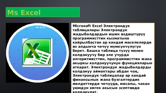 Ms Excel Microsoft Excel Электрондук таблицалары Электрондук жадыбалдардын ишин өздөштүрүү программисттин кызматына кайрылбастан ар кандай маселелерди өз алдынча чечүү мүмкүнчүлүгүн берет. Башка таблица түзүү менен колдонуучу бир эле учурда алгоритмисттин, программисттин жана акыркы колдонуучунун функцияларын аткарат. Электрондук жадыбалдарды колдонуу аймактары абдан чоң. Электрондук таблицалар ар кандай финансылык жана бухгалтердик милдеттерди чечүүдө, мисалы, чакан уюмдун эмгек акысын эсептөөдө колдонулат. 