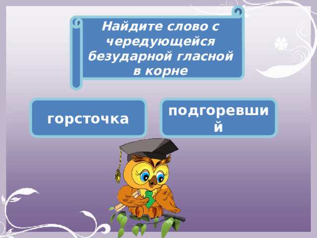 Найдите слово с чередующейся безударной гласной в корне горсточка подгоревший 