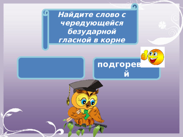 Найдите слово с чередующейся безударной гласной в корне  подгоревший 