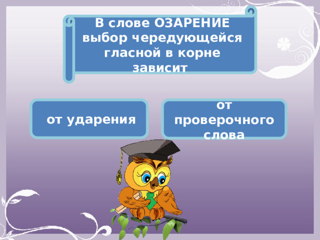 В слове ОЗАРЕНИЕ выбор чередующейся гласной в корне зависит  от ударения от проверочного слова 