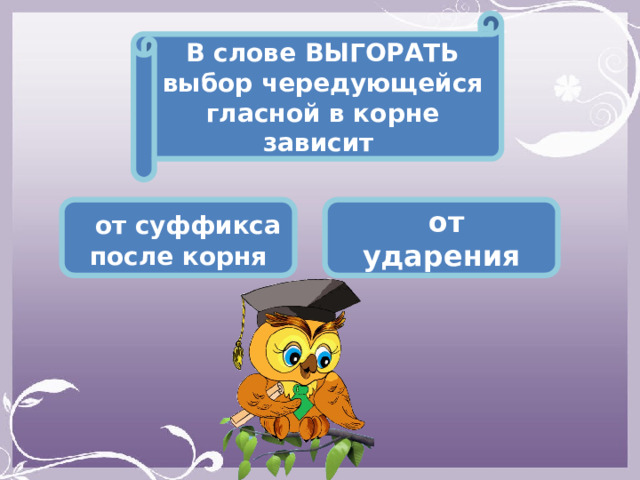 В слове ВЫГОРАТЬ выбор чередующейся гласной в корне зависит   от суффикса после корня  от ударения 