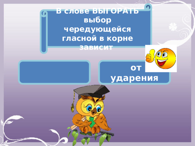 В слове ВЫГОРАТЬ выбор чередующейся гласной в корне зависит   от ударения 
