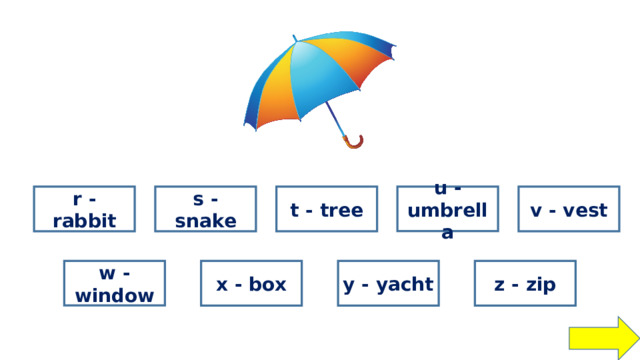 right wrong wrong wrong u - umbrella r - rabbit wrong t - tree s - snake v - vest wrong w - window wrong wrong wrong x - box y - yacht z - zip 