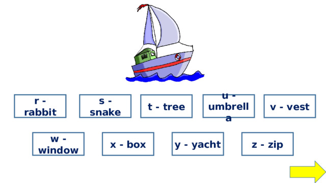 wrong wrong u - umbrella s - snake r - rabbit wrong wrong wrong t - tree v - vest right wrong y - yacht w - window wrong wrong x - box z - zip 