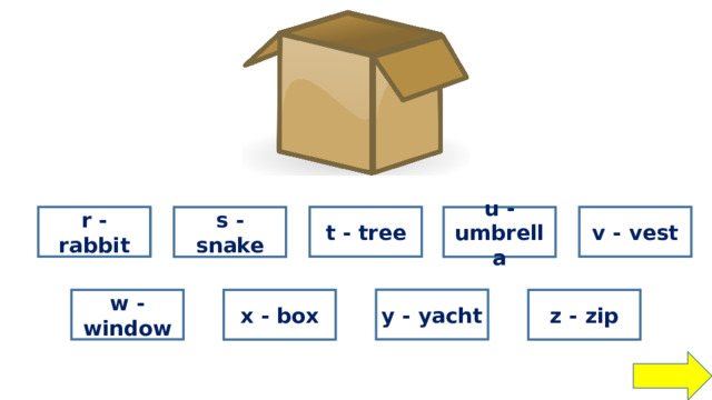 wrong wrong t - tree v - vest wrong r - rabbit s - snake u - umbrella wrong wrong wrong wrong y - yacht w - window wrong x - box z - zip right 