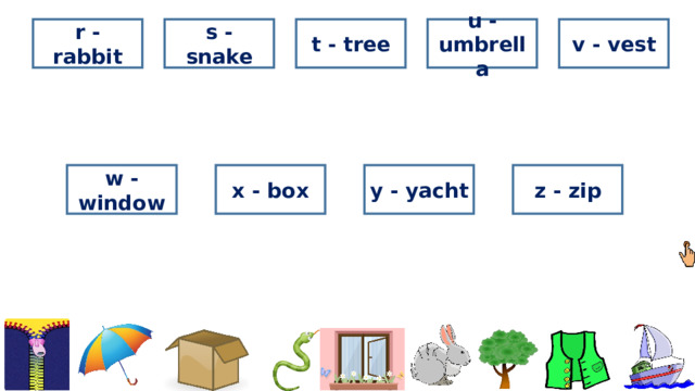 r - rabbit s - snake t - tree u - umbrella v - vest w - window x - box y - yacht z - zip 