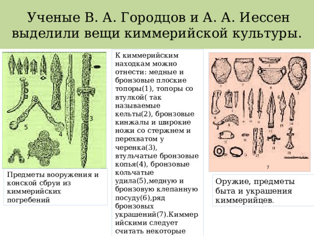  Ученые В. А. Городцов и А. А. Иессен выделили вещи киммерийской культуры. К киммерийским находкам можно отнести: медные и бронзовые плоские топоры(1), топоры со втулкой( так называемые кельты(2), бронзовые кинжалы и широкие ножи со стержнем и перехватом у черенка(3), втульчатые бронзовые копья(4), бронзовые кольчатые удила(5),медную и бронзовую клепанную посуду(6),ряд бронзовых украшений(7).Киммерийскими следует считать некоторые образцы черной лощеной керамики определенных форм, украшенной нарезным геометрическим орнаментом(8).  8 6  3  2 1  4  5 4  7 7 Предметы вооружения и конской сбруи из киммерийских погребений Оружие, предметы быта и украшения киммерийцев . 
