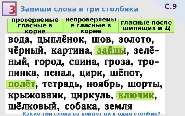 С.9 3 Запиши слова в три столбика непроверяемые гласные в корне проверяемые гласные в корне гласные после шипящих и ц Какие три слова не войдут ни в один столбик? 